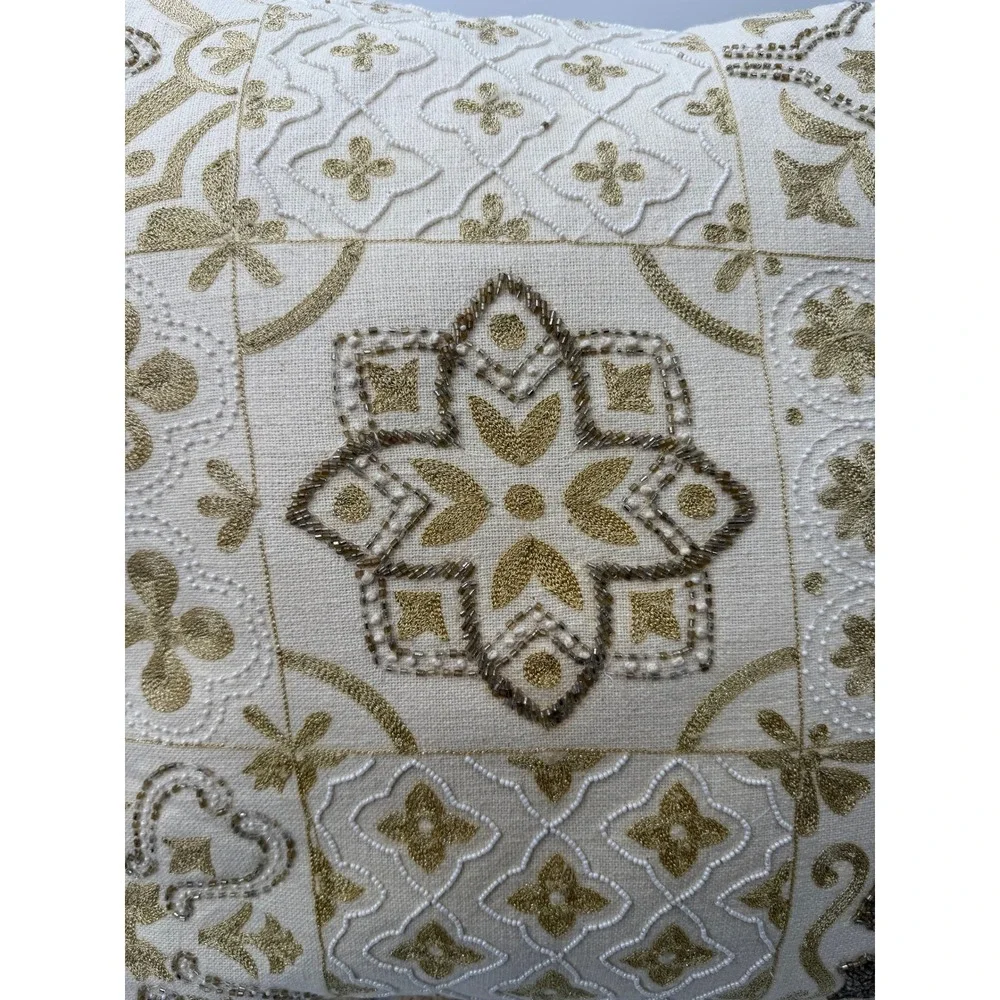 Beaded Throw Pillow Square Cotton Gold Cream Boho Tassel Accent Cushion 18x18